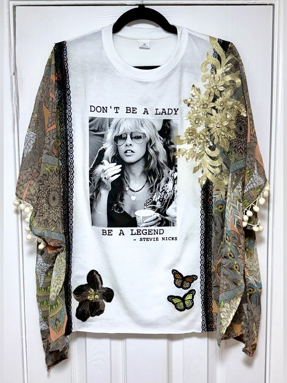 Handmade Stevie Nicks Tee with Patterned Kimono Sleeves